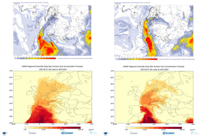 Boven: CAMS wereldwijde Aerosol Optical Depth voorspelling van 19 feb 2021 geldig voor zondag (links) en maandag (rechts). Onder: CAMS regionale voorspelling van 19 feb 2021 van maximale oppervlakte PM concentraties van stof geldig voor zondag (links) en maandag (rechts). Credit: Copernicus Atmosphere Monitoring Service/ECMWF