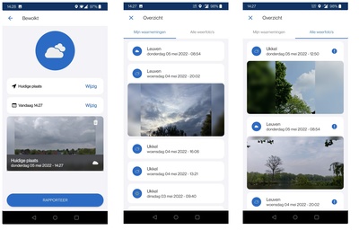 Enkele screenshots van de nieuwe functionaliteit in de vernieuwde KMI-app. Een weerfoto is op een eenvoudige en intuïtieve manier toe te voegen aan een weerwaarneming (screenshot links). Daarnaast is er ook een dashboard toegevoegd met ofwel de volledige geschiedenis van je eigen waarnemingen van de laatste 30 dagen (“Mijn waarnemingen”, screenshot midden), ofwel een overzicht van alle weerfoto’s gedeeld door de app gebruikers in de laatste 24 uur (“Alle weerfoto’s”, screenshot rechts).