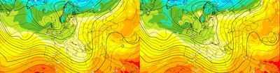 Figure 1 : comparaison d'une prévision à trois jours entre le modèle d'apprentissage automatique et le modèle de prévision numérique du CEPMMT (situation du 2/12/2024), altitude géopotentielle 500 hPa et température 850 hPa. A gauche, le modèle ML de l'AIFS (CEPMMT), à droite le modèle NWP.