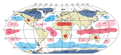 De belangrijkste brongebieden van de luchtmassa's op wereldschaal: m = maritiem, c = continentaal, T = tropisch, P = polair, A = arctisch, E = equatoriaal (bereikt onze streken nooit).