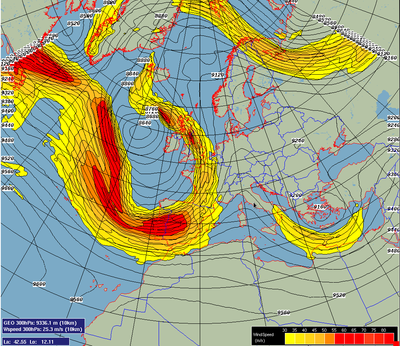 Figure 2. La vitesse du vent est exprimée en m/s, pour une pression correspondant à 300 hPa. Le co