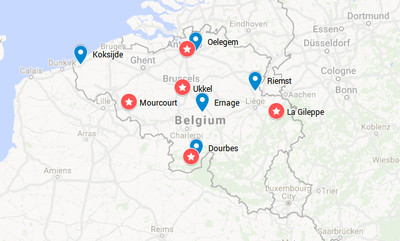 Localisation des capteurs BELLS, avec en rouge les capteurs SAFIR et en bleu les nouveaux capteurs LS7002.