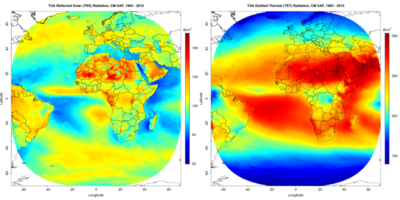 Figures 1 et 2: Moyenne des flux solaires réfléchis (à gauche) et thermiques émis (à droite) au sommet de l’atmosphère sur la période 1983-2015.
