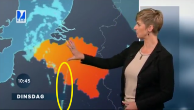 Les brouillages apparaissent également dans des programmes météo, comme ici dans le bulletin météo de la VRT (image : VRT).