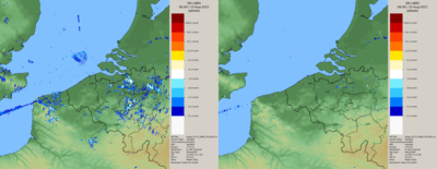 A gauche: Les images non-filtrées du radar de Jabbeke le 15/08/2021 à 6:00 TU. Il s'agit d'une situation sans précipitations, tous les signaux sur l'image sont donc non-météorologiques. A droite: La même image, mais filtrée grâce aux données de double polarisation.