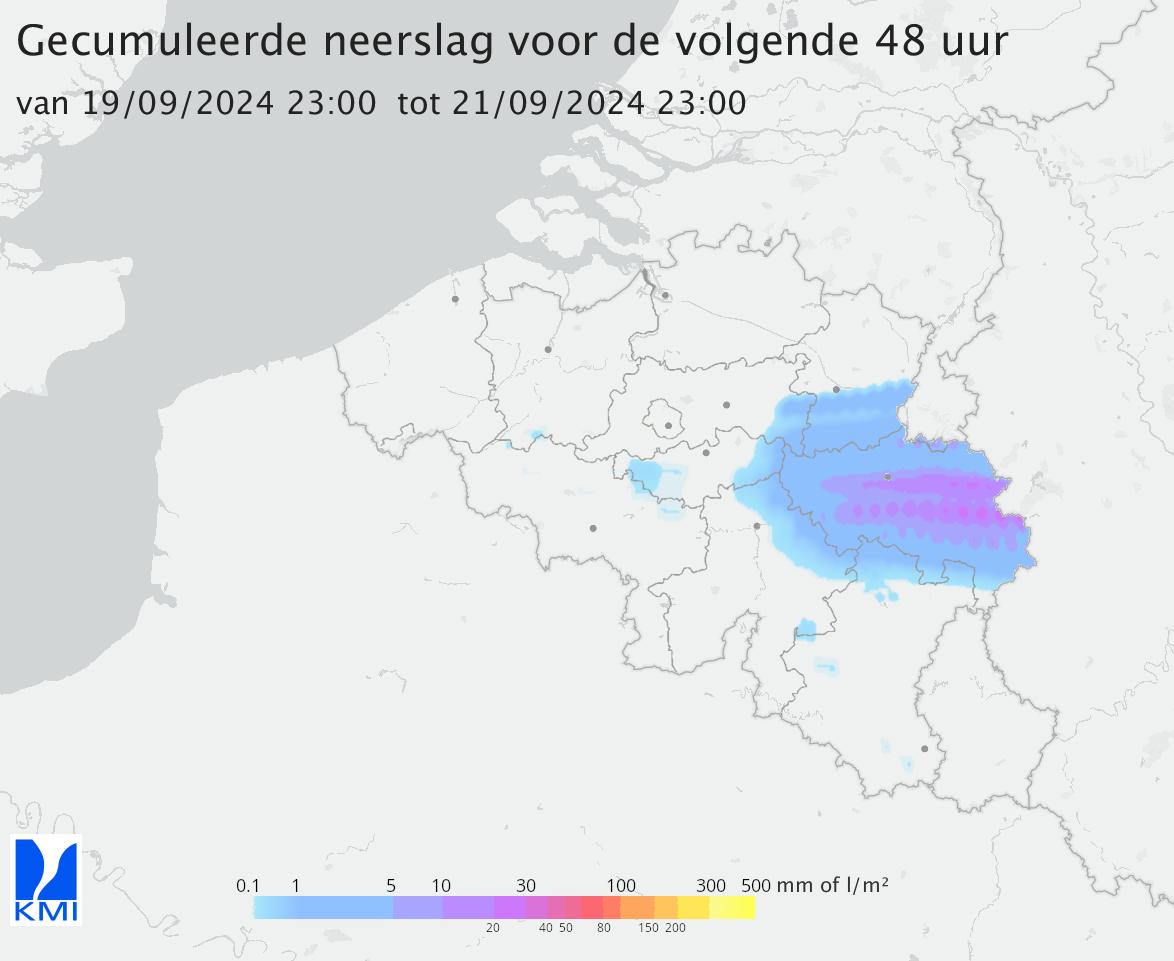 Verwachte neerslagtotalen volgende 48h